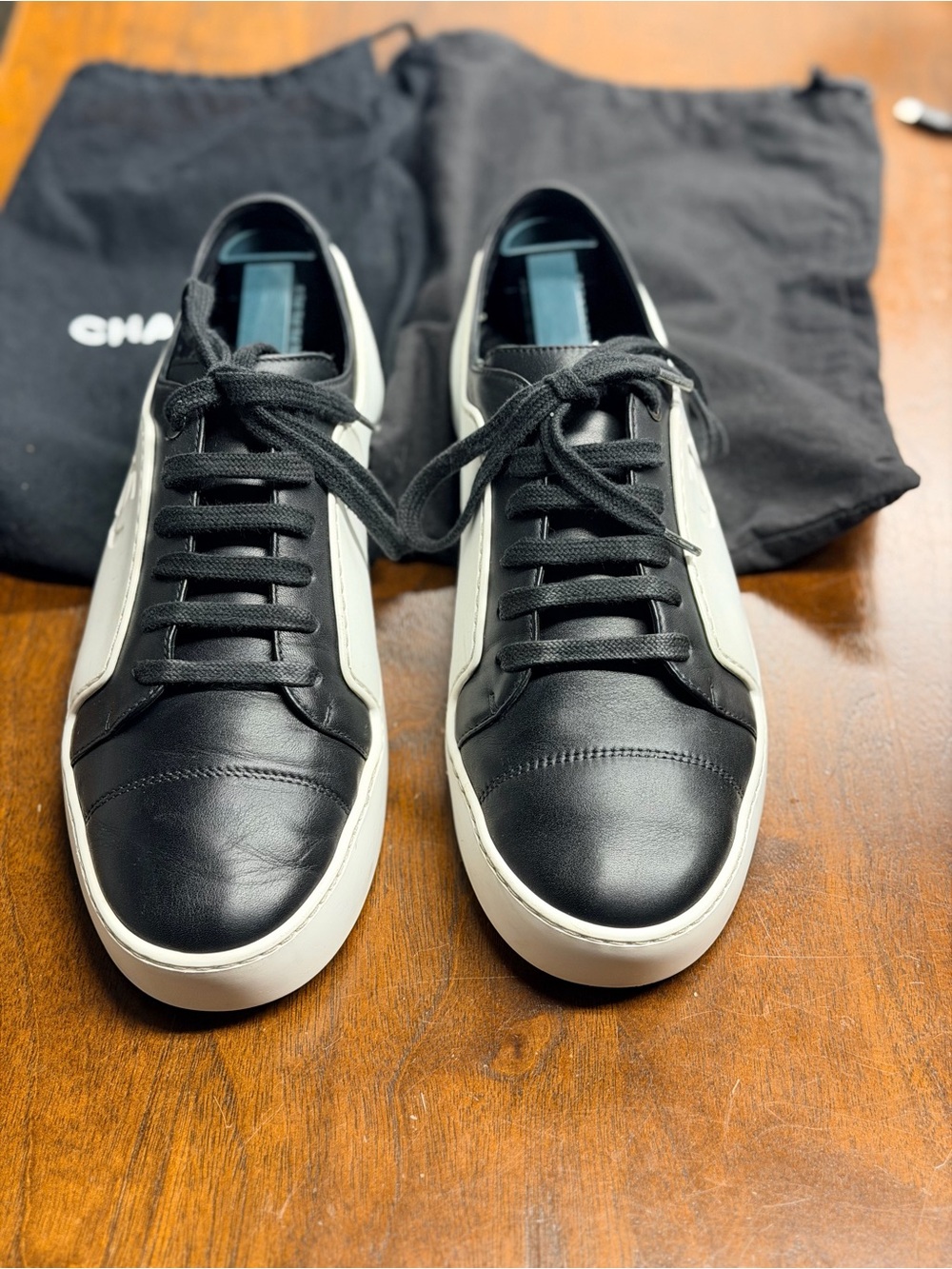 CHANEL Black and White Leather Low-Top Sneakers